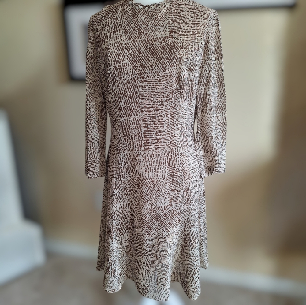 Vintage Lurex Women’s Brown & Cream Patterned Long-Sleeve Dress